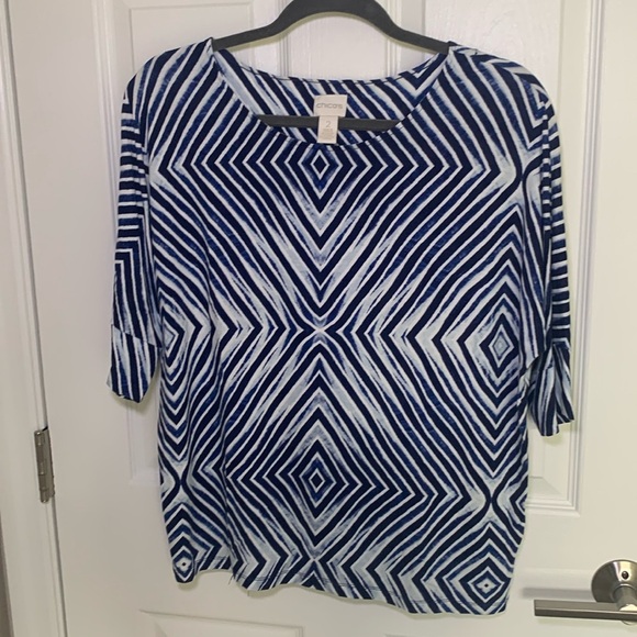 Chico's Blue and White Geometric Top size large - Picture 1 of 8